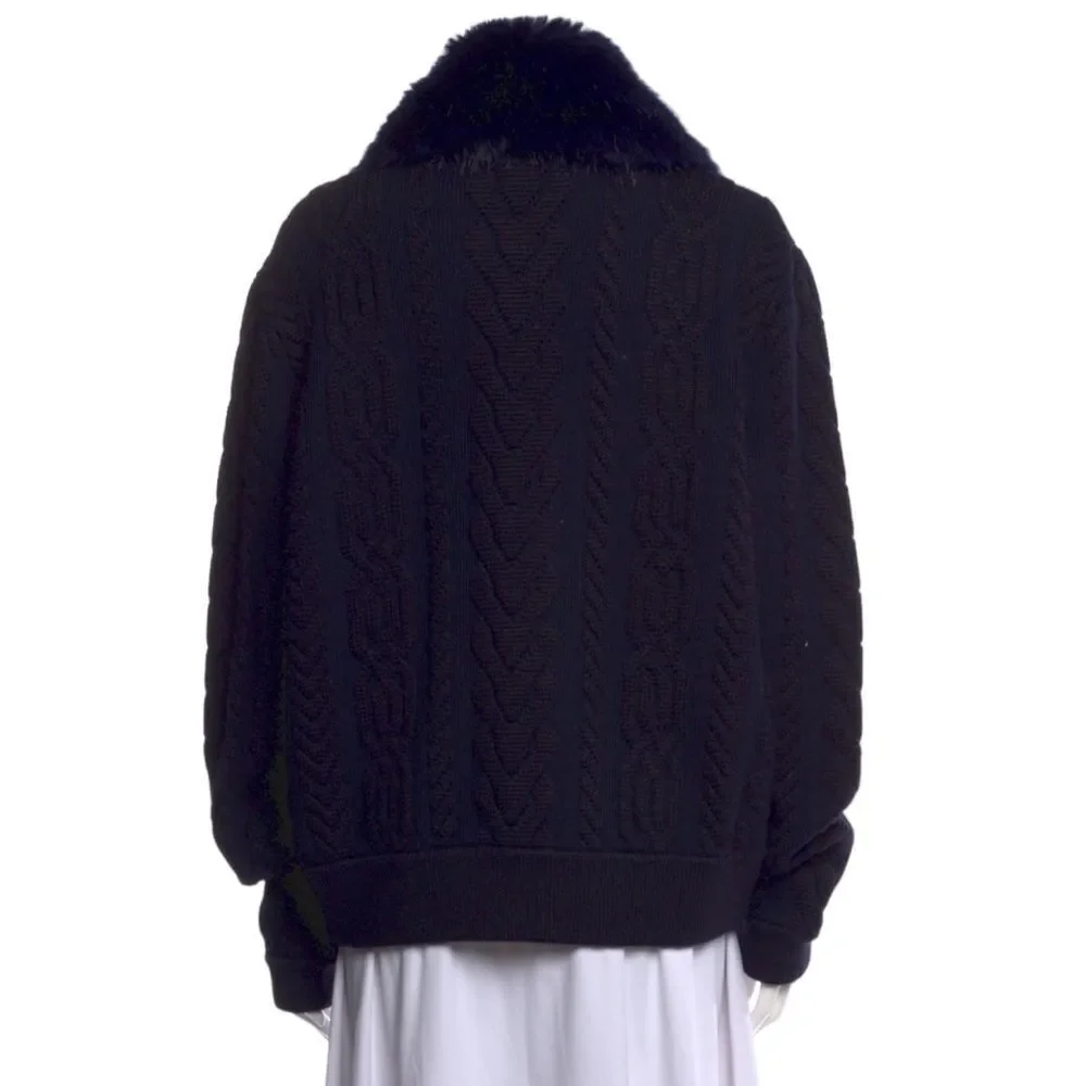 TORY BURCH Contraire Merino Wool Cable Knit Faux Fur Sweater Bomber Jacket XL